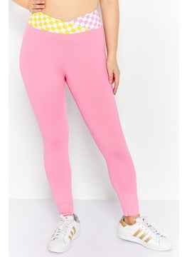 Women Full Length Checkered Leggings, Pink Combo