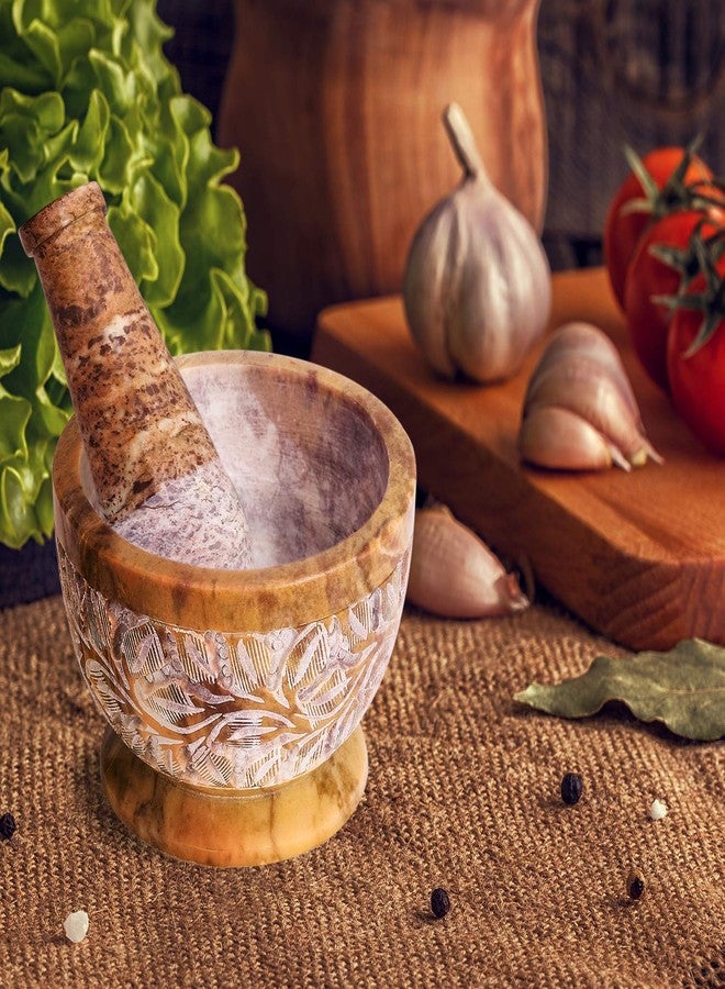 Divit Shilp Mortar and Pestle, Made of Heavy Duty Polished Hard Stone, Natural Stone Grinder for Spices, Pastes, Herbs, Seasoning etc. (Mix Color with Engraving) - Image 3