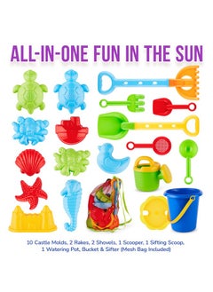 Click N' Play Click N' Play Beach Toys for Kids 3-10 - 18pc Sand Toys Including Sand Buckets for Kids with Sifter, Watering Can, Rake, 4 Hand Tools, 10 Sand Molds & Mesh Beach Toy Bag - Sandbox Toys for Toddlers  - Image 2
