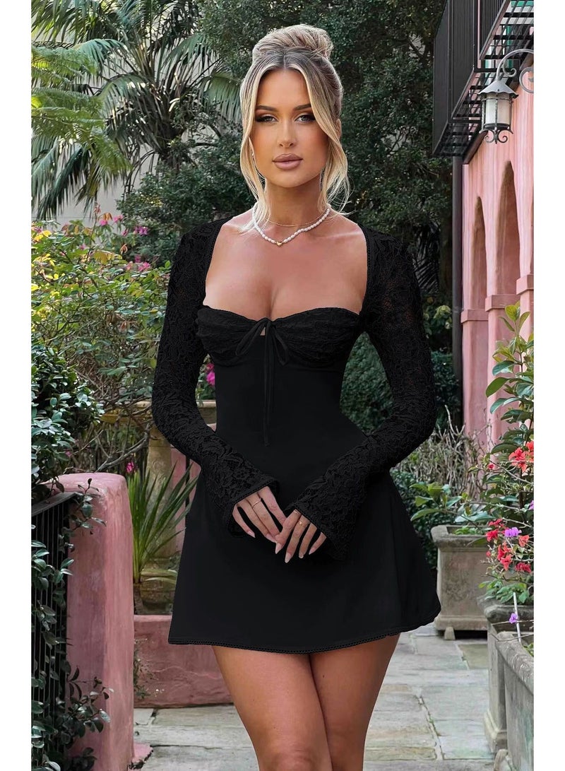 Lace Long Sleeve Backless Lace Up Mini Dress