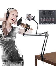 Generic Microphone,Live Sound Card & BM800 Suspension Microphone Kit Broadcasting Recording Condenser Microphone Set Intelligent Volume Audio Mixer Sound Card for Computer PC Live Sound  - Image 1