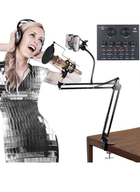 Microphone,Live Sound Card & BM800 Suspension Microphone Kit Broadcasting Recording Condenser Microphone Set Intelligent Volume Audio Mixer Sound Card for Computer PC Live Sound