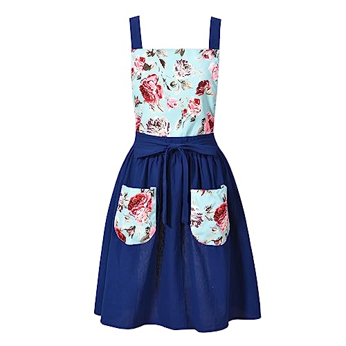 Pinknoke Vintage Pinafore Apron Dress for Women with Pockets Cute Floral Chef Aprons for Kitchen Cooking Baking Gardening Navy