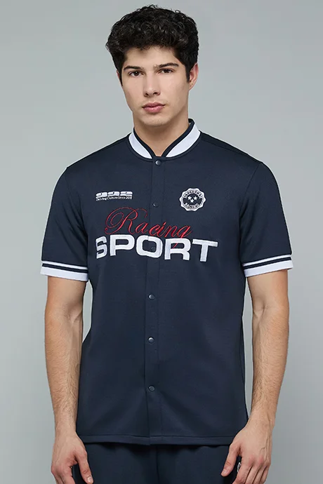 أر أند بي Embroidered Shirt with Stand Collar and Short Sleeves