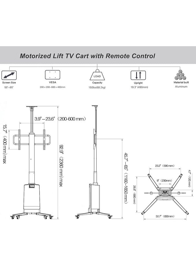 NB ERGONOMIC Motorized TV Floor Stand for 55-85 Inch LCD or LED Flat Panel TVs up to 150 lbs, Electric Height Adjustment 1200mm to 1700mm, VESA Compatible 200x200mm to 600x400mm, Mobile with Heavy-Duty Casters, Black - TW85B - Image 5
