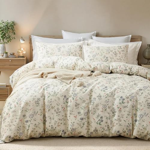 EAVD Vintage Garden Floral Duvet Cover Queen Soft 100% Cotton Chic Shabby Floral Bedding Set with 2 Pillowcases Fresh Reversible Botanical Comforter Cover with Zipper Closure - Image 4