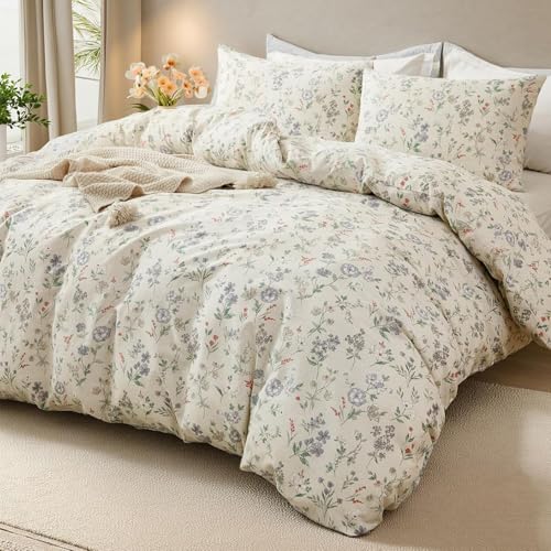 EAVD Vintage Garden Floral Duvet Cover Queen Soft 100% Cotton Chic Shabby Floral Bedding Set with 2 Pillowcases Fresh Reversible Botanical Comforter Cover with Zipper Closure - Image 3