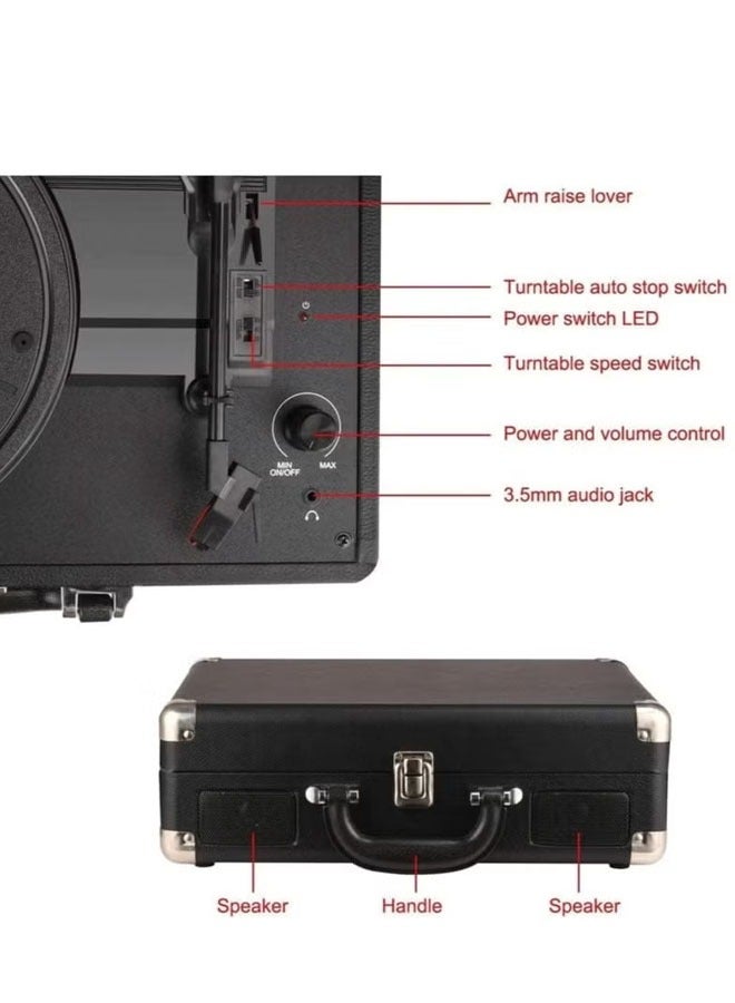 Vinyl Record Player 3-Speed Bluetooth Suitcase Portable Belt-Driven Record Player with Built-in Speakers RCA Line Out AUX in Headphone Jack Vintage Turntable, Black - Image 4