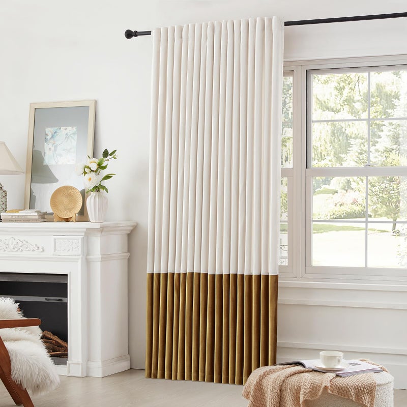 Bulbul Velvet Curtains 84 inches Long for Living Room Cream Ivory Gold,2 Panels Blackout Curtains Modern Color Block Back Tab Rod Pocket Soundproof Drapes for Bedroom Window Decor - Image 4