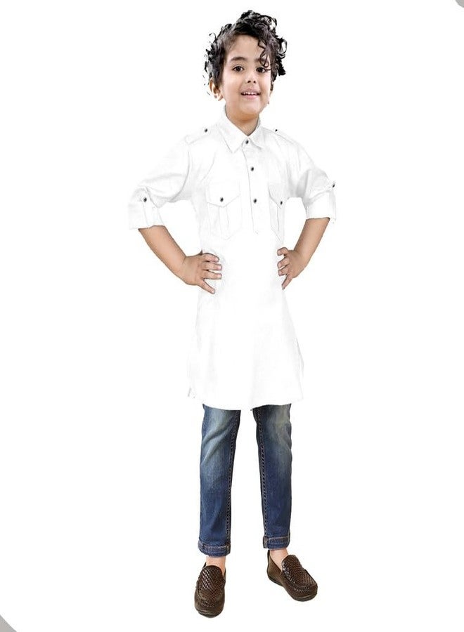 Trender Pathani White Rayon Cotton Only Kurta for Boy's Kids|Ethenic Wear for Children (5-6 Years) - Image 1