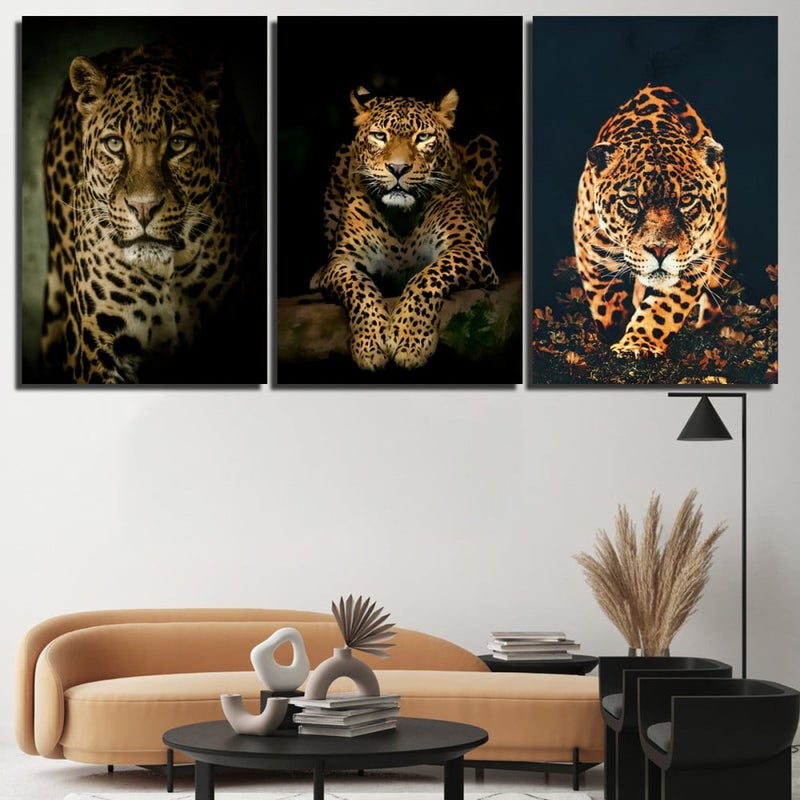 ماركتنا ثلاث لوحات قماشية مودرن بتصميم فهود مع برواز مجوف مقاس (150×70) ثلاث قطع - Image 1