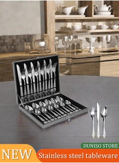 Generic 24 Piece Cutlery Set Stainless Steel Flatware Cutlery Set, 6 Each Knife, Spoon, Fork, teaspoon, Multi Person Cutlery Set Silver 32x26x5 cm  - Image 1