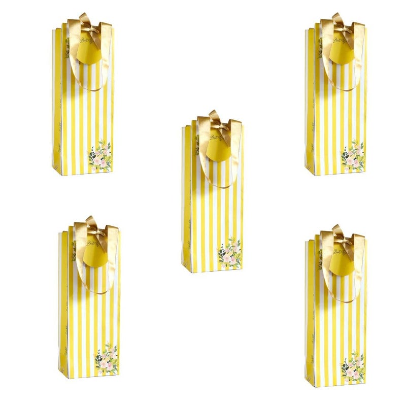 Lotus Trunk Luxe Stripes Floral Wine Bags for Gifting BirthdayNew YearAnniversary and Holiday Presents Color Yellow Pack of 5  - Image 1