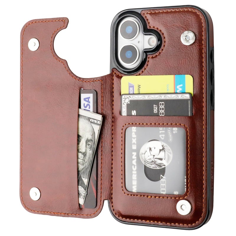 OT ONETOP ONETOP Compatible with iPhone 17 Wallet Case with Card Holder, PU Leather Kickstand Card Slots Case, Double Magnetic Clasp and Durable Shockproof Cover 6.3 Inch (Brown) - Image 1