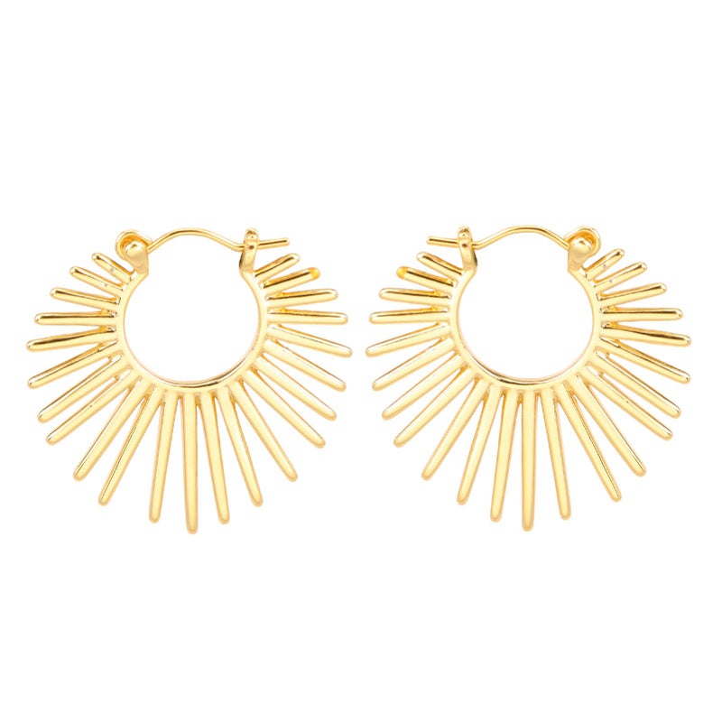 BaubleStar Sunburst Hinged Hoop Earrings Trendy Statement Chunky Thin Open Textured Huggie Earring Hinge Hoops for Women 14K Gold Plated - Image 1