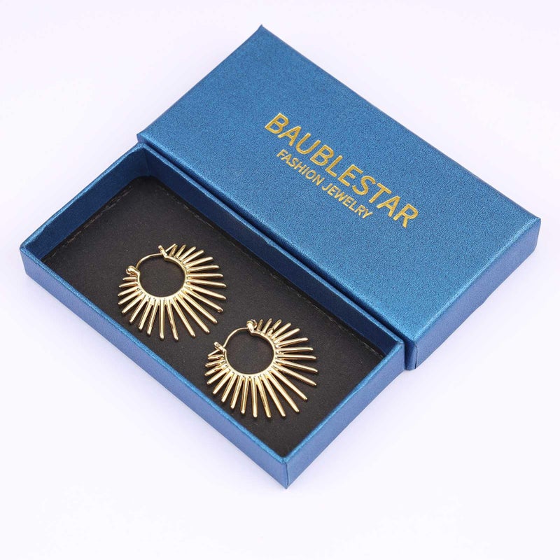 BaubleStar Sunburst Hinged Hoop Earrings Trendy Statement Chunky Thin Open Textured Huggie Earring Hinge Hoops for Women 14K Gold Plated - Image 5