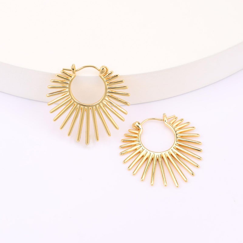 BaubleStar Sunburst Hinged Hoop Earrings Trendy Statement Chunky Thin Open Textured Huggie Earring Hinge Hoops for Women 14K Gold Plated - Image 3
