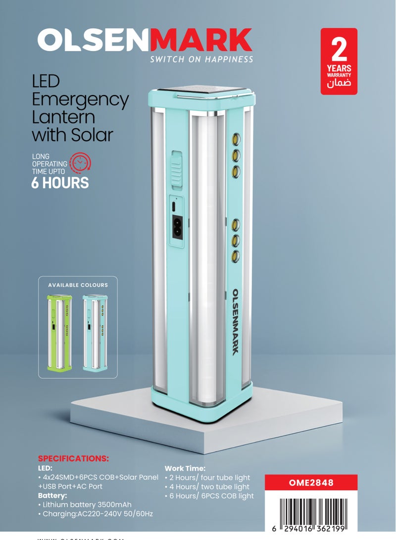 Olsenmark LED Emergency Lantern with Solar-OME2848 ,with 6-Hour Long Operating Time, Versatile Charging Options, and Multiple Light Modes Available/Suitable for Indoor and Outdoor with USB Port, AC Port, Solar Panel