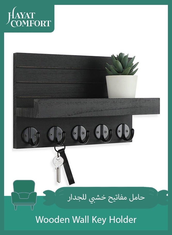 Hayat Comfort Key Holder for Wall, Decorative Key and Mail Holder with Shelf Has Large Hooks for Bags, Coats, Umbrella – Paulownia Wood Key Hanger with Mounting Hardware (25cm x 17cm x 10cm) - Image 1