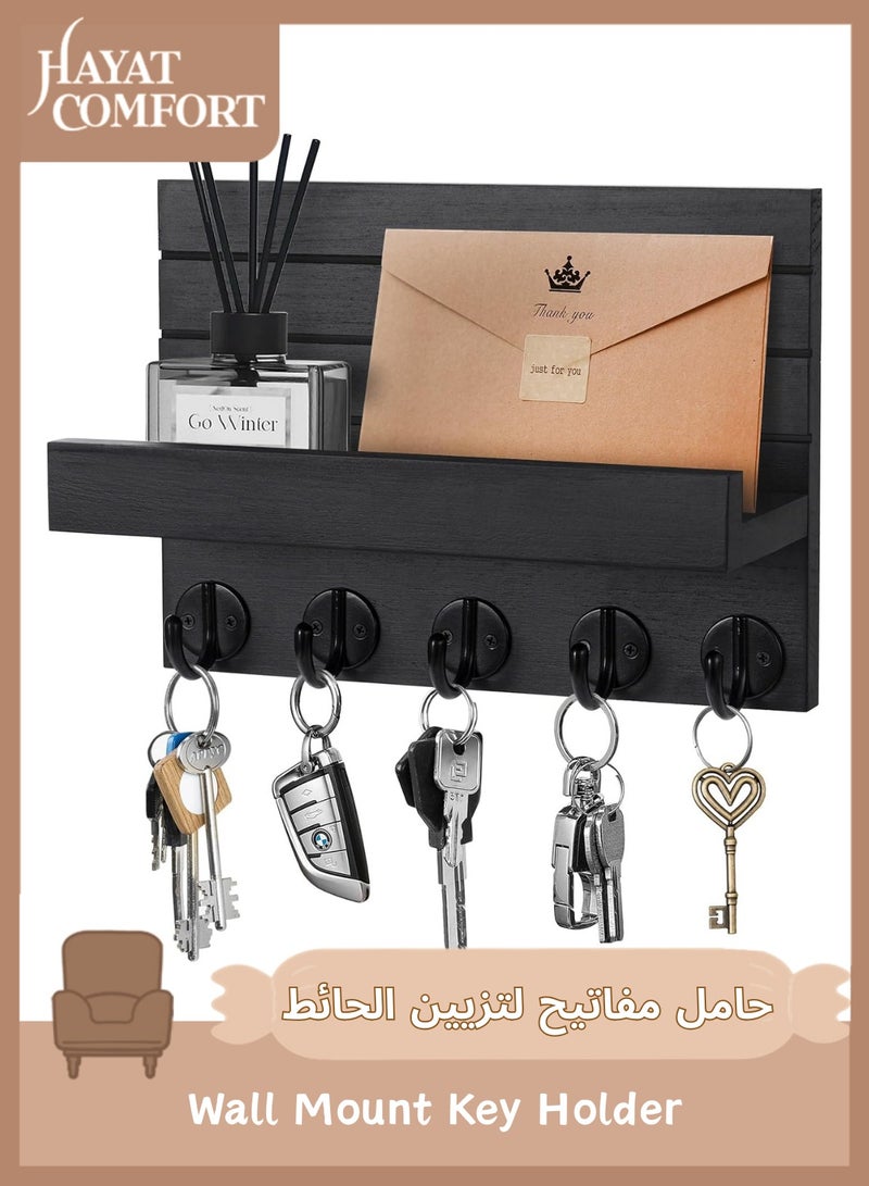 Hayat Comfort Wall Mount Key Holder, Entryway Shelf, Mail Organizer & Large Hooks for Bags, Coats, Umbrellas, Paulownia Wood Key Rack with Mounting Hardware (25×17×10 cm) - Image 1