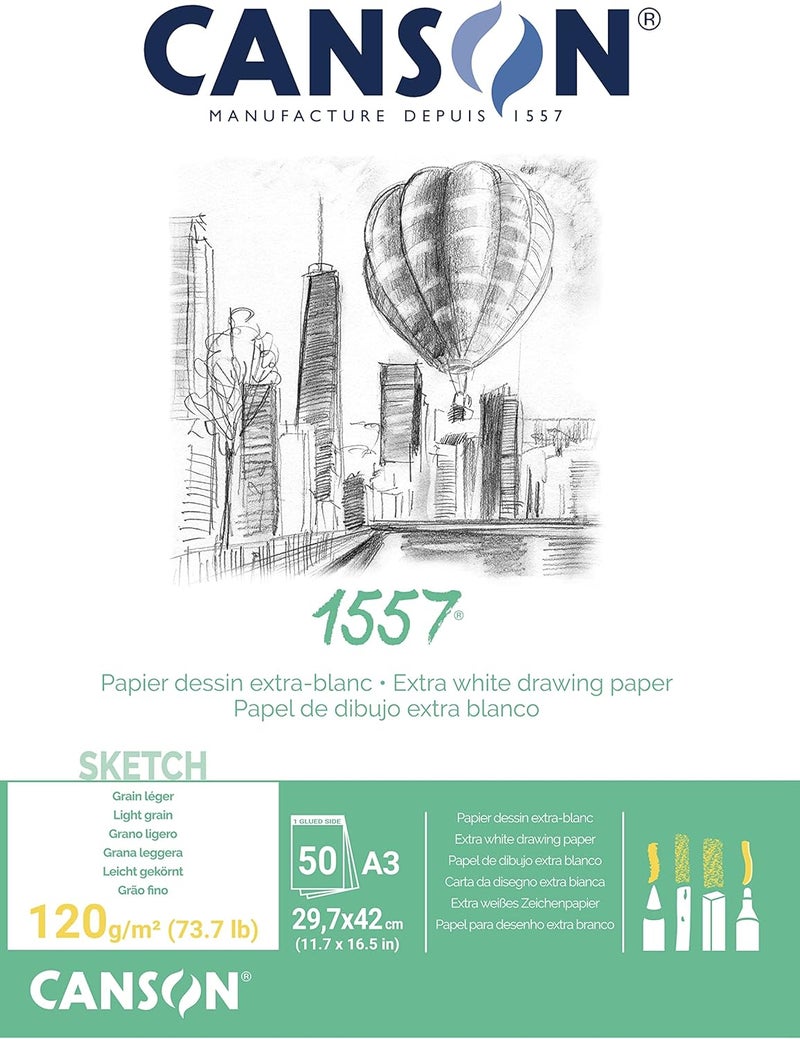 Canson 1557 A3 Sketch Pad - 50 Sheets of 120gsm Extra White Drawing Paper - Image 1