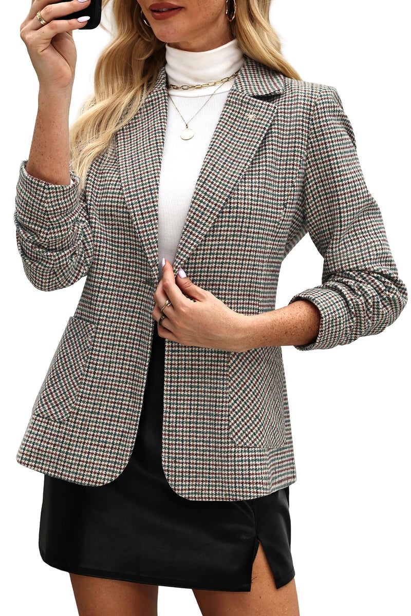 ELLEVEN Plaid Blazers for Women Business Casual Tweed Outfits One-Button Long Sleeve Boyfriend Suit Jacket Houndstooth Fall Work Office Dressy Professional Green Red Houndstooth Large - Image 1