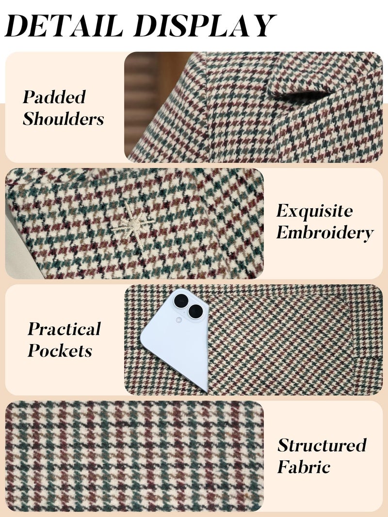 ELLEVEN Plaid Blazers for Women Business Casual Tweed Outfits One-Button Long Sleeve Boyfriend Suit Jacket Houndstooth Fall Work Office Dressy Professional Green Red Houndstooth Large - Image 4