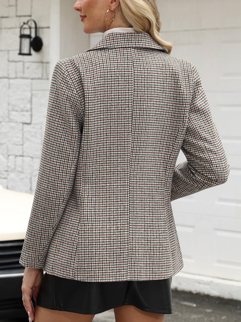 ELLEVEN Plaid Blazers for Women Business Casual Tweed Outfits One-Button Long Sleeve Boyfriend Suit Jacket Houndstooth Fall Work Office Dressy Professional Green Red Houndstooth Large - Image 2
