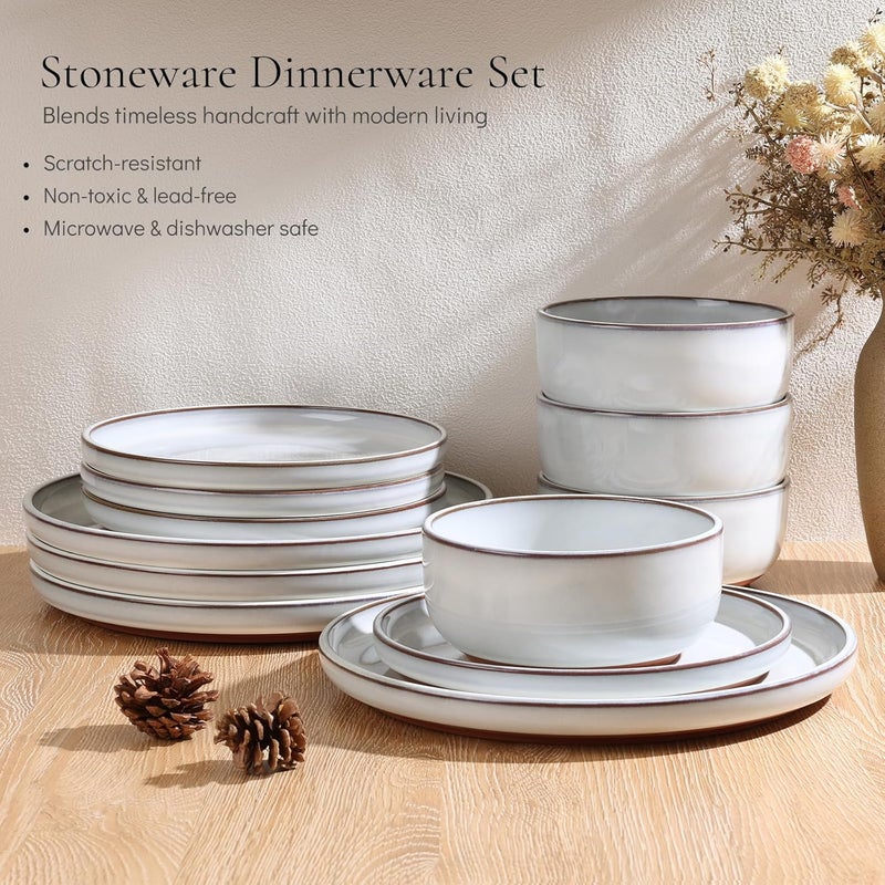 E-far Efar Stoneware Dinnerware Sets for 4 12 Pieces Reactive Glaze Plates and Bowls Sets Elegant Dishes with Rustic Terracotta Clay Base Dishwasher  Microwave Safe Scratch Resistant Glacier White - Image 3