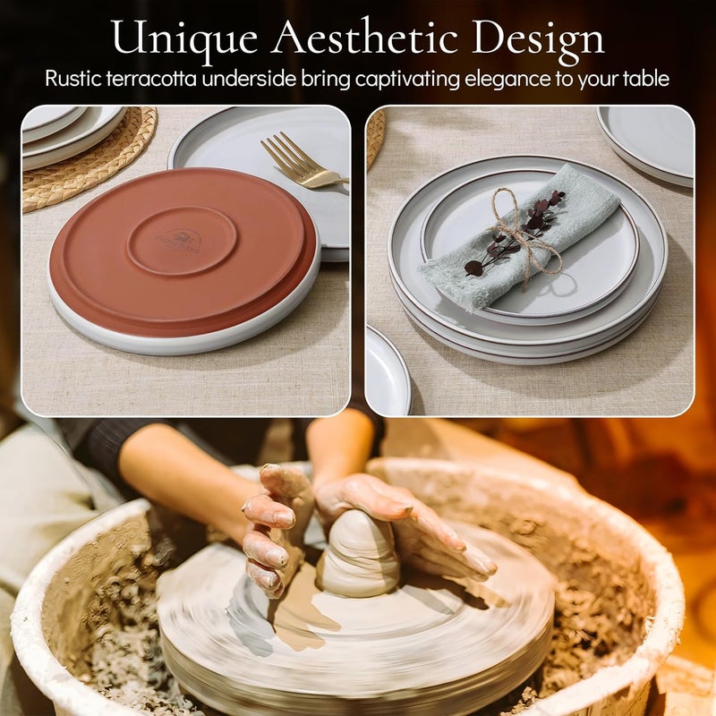 E-far Efar Stoneware Dinnerware Sets for 4 12 Pieces Reactive Glaze Plates and Bowls Sets Elegant Dishes with Rustic Terracotta Clay Base Dishwasher  Microwave Safe Scratch Resistant Glacier White - Image 4