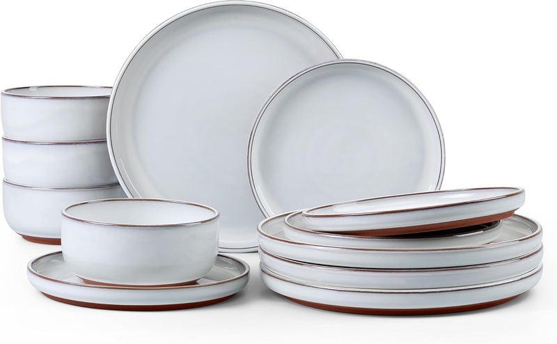 E-far Efar Stoneware Dinnerware Sets for 4 12 Pieces Reactive Glaze Plates and Bowls Sets Elegant Dishes with Rustic Terracotta Clay Base Dishwasher  Microwave Safe Scratch Resistant Glacier White - Image 1