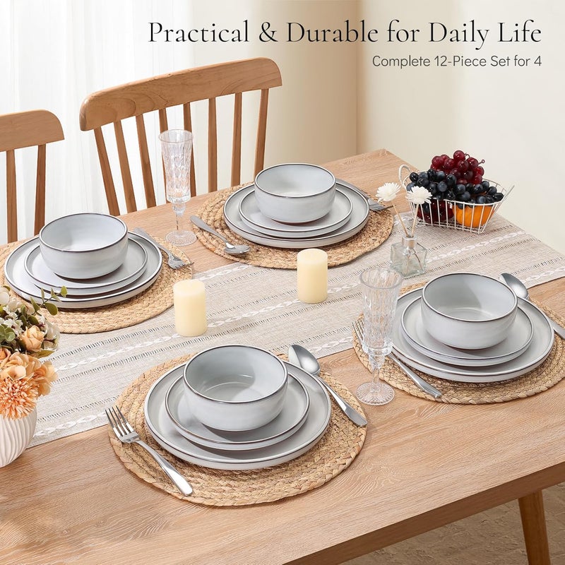 E-far Efar Stoneware Dinnerware Sets for 4 12 Pieces Reactive Glaze Plates and Bowls Sets Elegant Dishes with Rustic Terracotta Clay Base Dishwasher  Microwave Safe Scratch Resistant Glacier White - Image 5