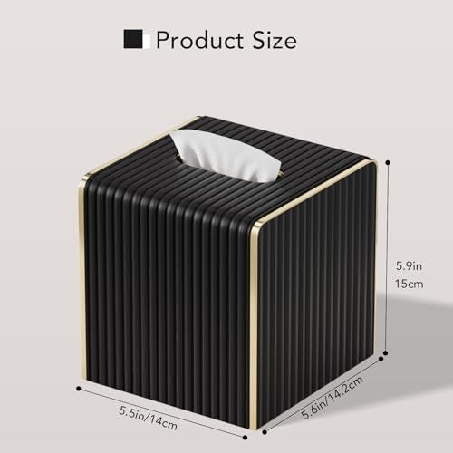 LADSTAG Tissue Box Cover,Black Square Luxury PU Leather Tissue Holder with Gold-Tone Edging Accents,Tissue Box Cover for Bathroom Toilet Bedroom Living Room Table Desk Office,Coffee Table Decor - Image 3