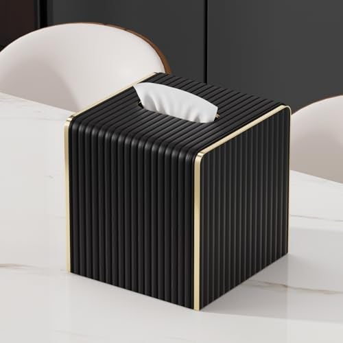 LADSTAG Tissue Box Cover,Black Square Luxury PU Leather Tissue Holder with Gold-Tone Edging Accents,Tissue Box Cover for Bathroom Toilet Bedroom Living Room Table Desk Office,Coffee Table Decor - Image 4
