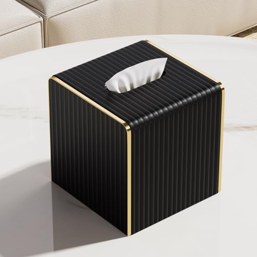 LADSTAG Tissue Box Cover,Black Square Luxury PU Leather Tissue Holder with Gold-Tone Edging Accents,Tissue Box Cover for Bathroom Toilet Bedroom Living Room Table Desk Office,Coffee Table Decor - Image 2
