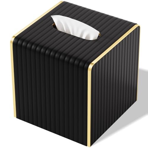 LADSTAG Tissue Box Cover,Black Square Luxury PU Leather Tissue Holder with Gold-Tone Edging Accents,Tissue Box Cover for Bathroom Toilet Bedroom Living Room Table Desk Office,Coffee Table Decor - Image 1