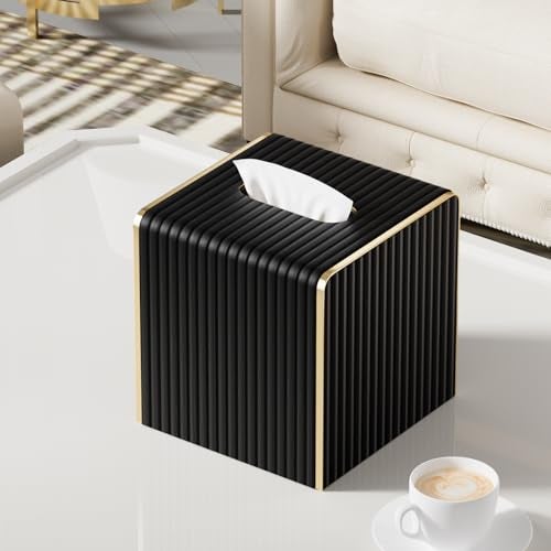 LADSTAG Tissue Box Cover,Black Square Luxury PU Leather Tissue Holder with Gold-Tone Edging Accents,Tissue Box Cover for Bathroom Toilet Bedroom Living Room Table Desk Office,Coffee Table Decor - Image 5