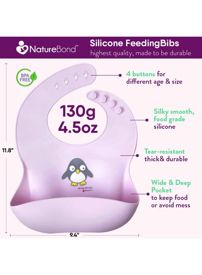 NatureBond مريلة أطفال مقاومة للماء، مريلة سيليكون للتغذية للأطفال والرضع، مجموعة من 2 مع حقيبة حمل (وردي قطن حلوى ولافندر ماكرون) - Image 3