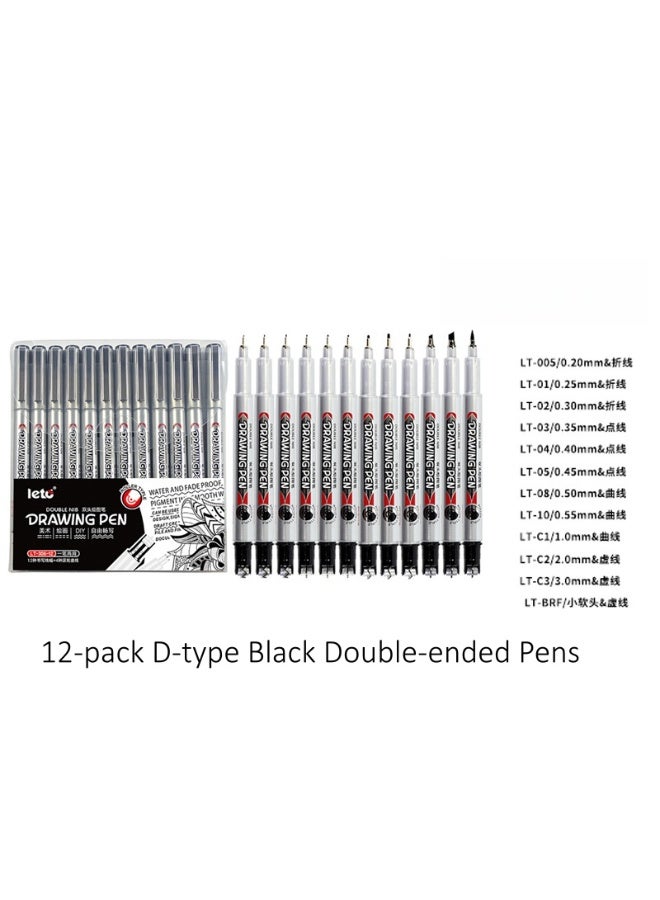 Leto D-Type Black Double-Headed 12-Piece Set of Small Curve, Fold, Dot, and Dashed Line Drawing Brushes - Image 1
