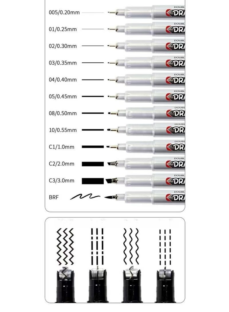 Leto D-Type Black Double-Headed 12-Piece Set of Small Curve, Fold, Dot, and Dashed Line Drawing Brushes - Image 2