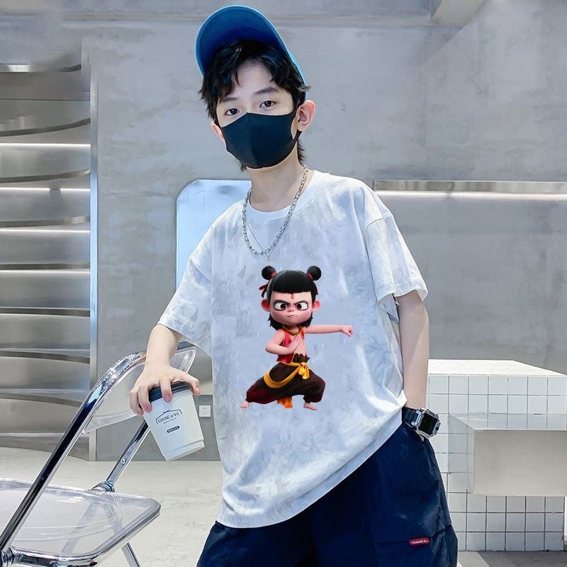 Tie-Dyed Cotton T-Shirt Boys Short-Sleeved Summer Cartoon Style Top Loose Korean Style Summer Wear Children'S Wear - Image 3