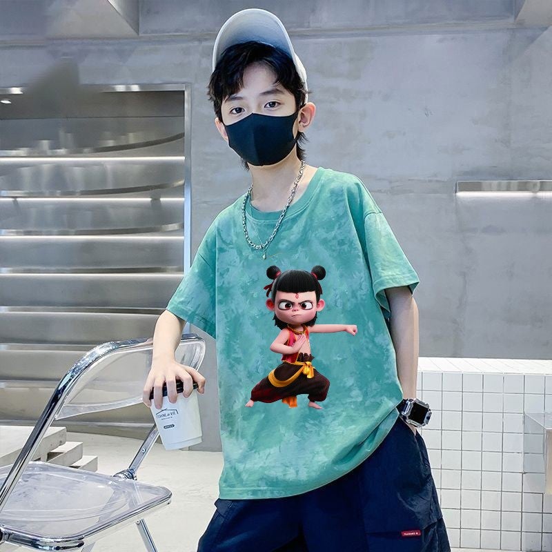 Tie-Dyed Cotton T-Shirt Boys Short-Sleeved Summer Cartoon Style Top Loose Korean Style Summer Wear Children'S Wear - Image 2
