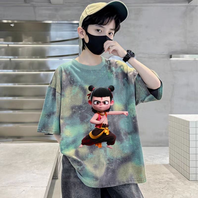 Tie-Dyed Cotton T-Shirt Boys Short-Sleeved Summer Cartoon Style Top Loose Korean Style Summer Wear Children'S Wear - Image 4