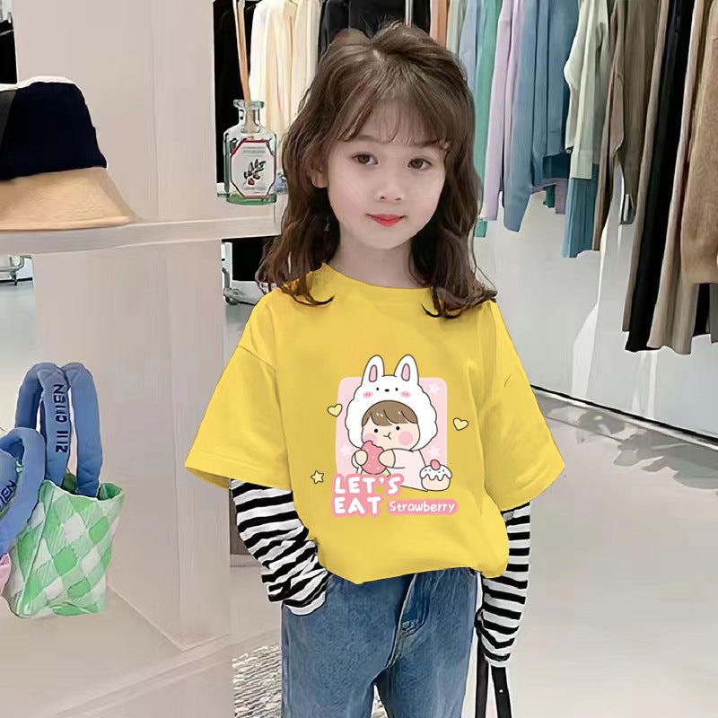 G2039# Girls' Long-Sleeved T-Shirt Spring New Children'S Base Shirt Pure Cotton All-Match Top Girl'S Stripe - Image 1