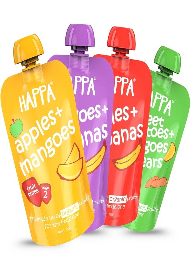 Happa Healthy Baby Food Puree Travel Combo | 100% Fruits and Vegetables | No Added Sugar, No Milk Powder, No Preservatives | Stage 2 (6 Months+) | Ready to Eat | Free from Common Allergens | Pack of 4 (100g Each) - Image 1