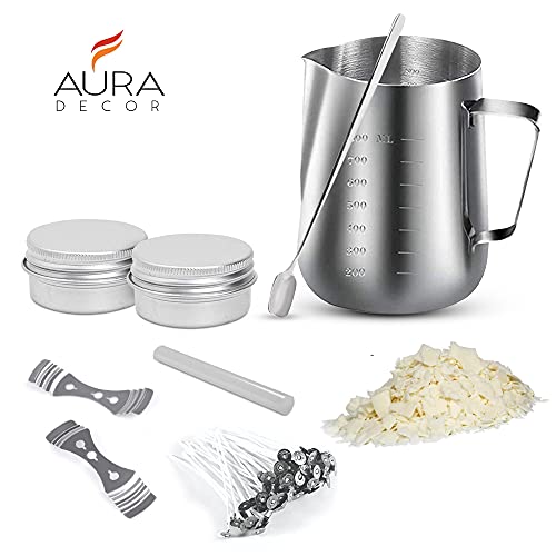 AURA DECOR AuraDecor Candle Making Kit Includes 1 Wax Pouring Kettle (800ml),1/2 Kg Soy Wax, 20 Wick (3 inch),1 Glue Stick, 1 Stirring Spoon & 2 Containers & 2 Wick Holders - Image 2