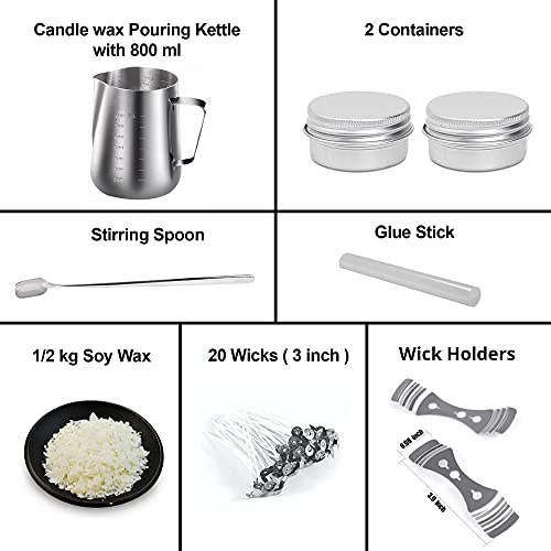 AURA DECOR AuraDecor Candle Making Kit Includes 1 Wax Pouring Kettle (800ml),1/2 Kg Soy Wax, 20 Wick (3 inch),1 Glue Stick, 1 Stirring Spoon & 2 Containers & 2 Wick Holders - Image 3