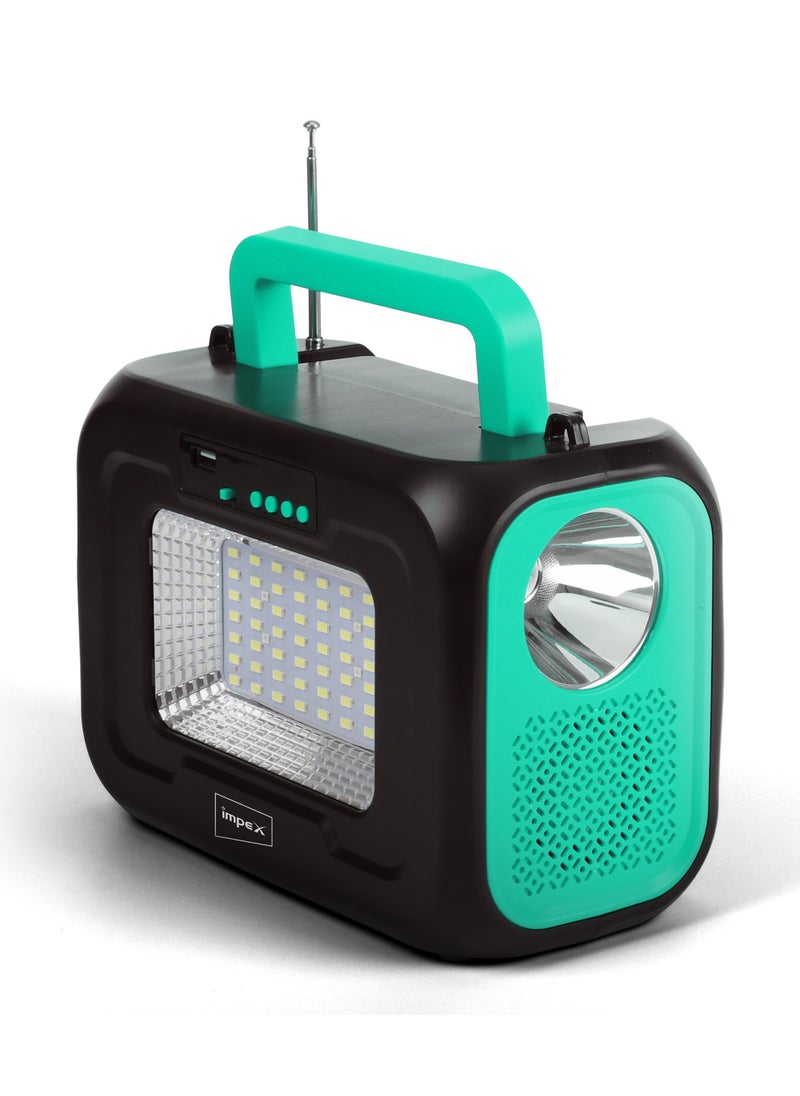 Impex Multifunctional Portable Power Station With 12000mAh Li-Iron Battery, 6V 8W Solar Panel, 5W High-Power Torch, FM Radio, MP3, Bluetooth Speaker, 3*2W DC LED Bulbs, Adapter (IP 12001)  - Image 1