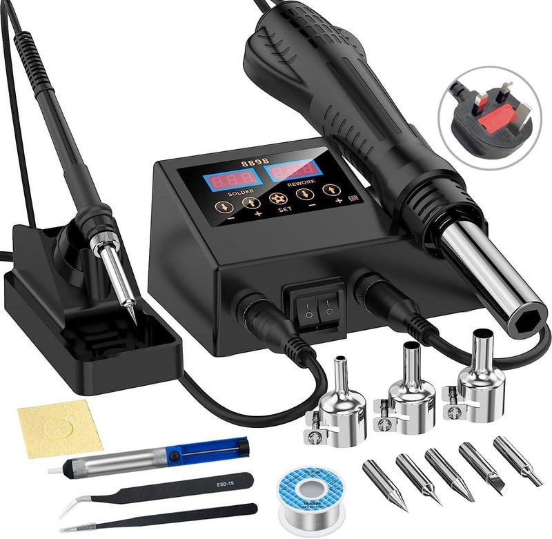 Soldering Iron,Iron Gun, High Quality Soldering Station Dual Screen Led Digital Solder Iron Desoldering Station Bga Rework Solder Station Hot Air Gun + Electric Iron Set (8898 British Soldering Kit) - Image 1