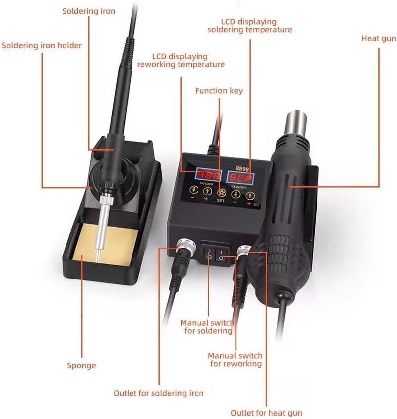 Soldering Iron,Iron Gun, High Quality Soldering Station Dual Screen Led Digital Solder Iron Desoldering Station Bga Rework Solder Station Hot Air Gun + Electric Iron Set (8898 British Soldering Kit) - Image 5